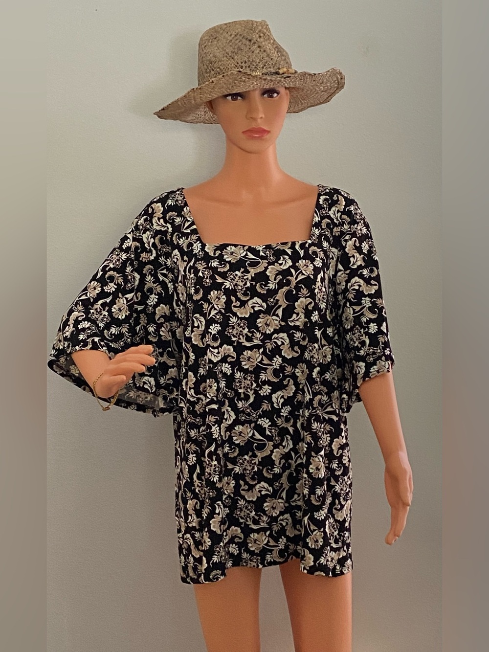 JM COLLECTION WOMENS FLORAL SQUARE NECK FLUTTER ARM TUNIC